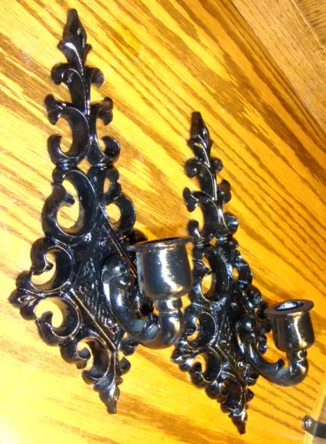 Vtg SEXTON 1976  Pair Ornate Black Metal Wall Sconces 10.5" Candle Holders   700