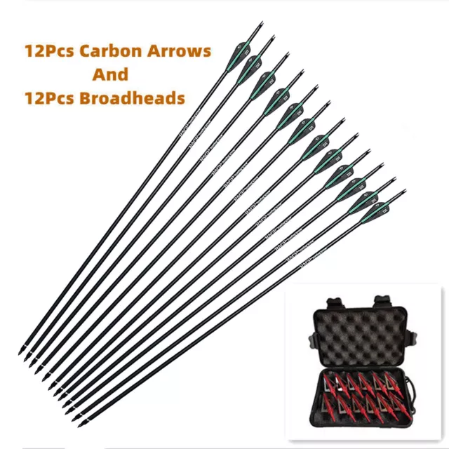 12pcs 28" Carbon Arrows Spine 400 + 12Pcs BroadheadsCompound Recurve Bow Case