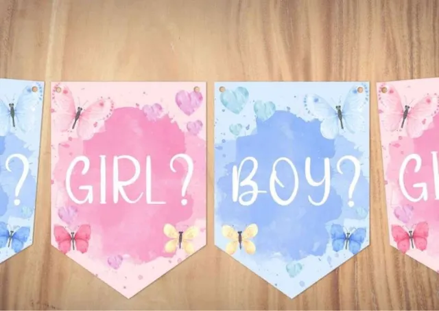 GENDER REVEAL Baby Shower BANNER boy girl pink OR blue decorations bunting