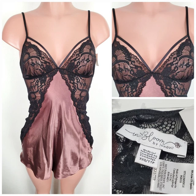 IN BLOOM BY Jonquil Womens XXS Black Pink Strappy Lace Chemise
