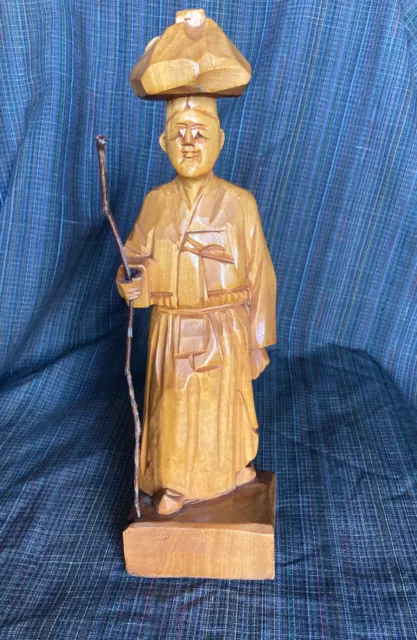 Hand-carved Asian Wood Vintage Statue of Man with Staff