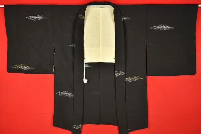 Vintage Japanese Kimono Silk Antique BORO Black HAORI Kusakizome Woven/A435/515