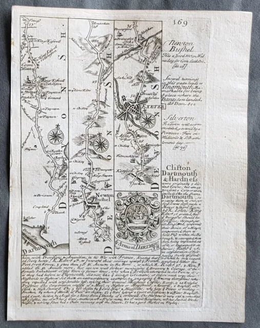 1720 Emmanuel Bowen Antique British Road Map - Dartmouth to Exeter to Minehead