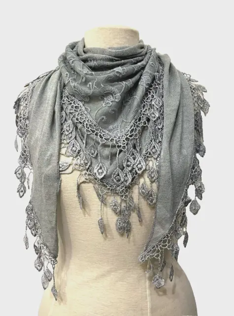 Grey triangle vintage style knitted scarf wrap embroidered lace panel & tassels