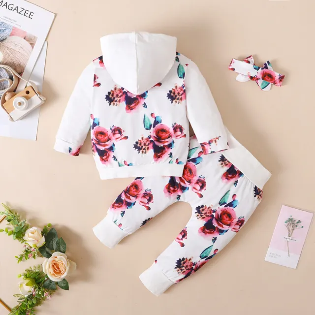 Baby Girls Floral Hooded Tops Pants Headband Outfits Clothes Toddler Kids Set UK 5