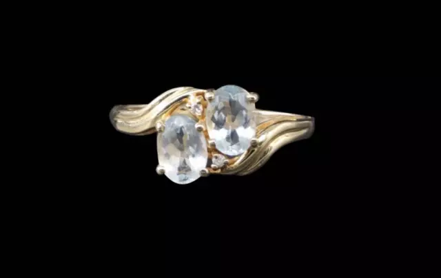 585 14 Carat or Jaune Anneau, Aigue-Marine, Diamants, Taille de la Bague 59, Bon