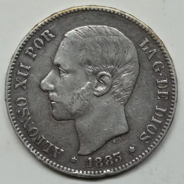 1883 Spain 5 Pesetas Alfonso XII .900 Silver Coin