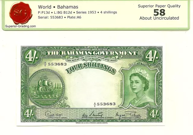 Bahamas Government 4 Shillings 1953  P-13 Qeii - Nice Choice About Uncirculated