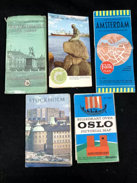 1964 Amsterdam, Copenhagen, Stockholm, Oslo Foldout Travel Maps, Lot Of 5