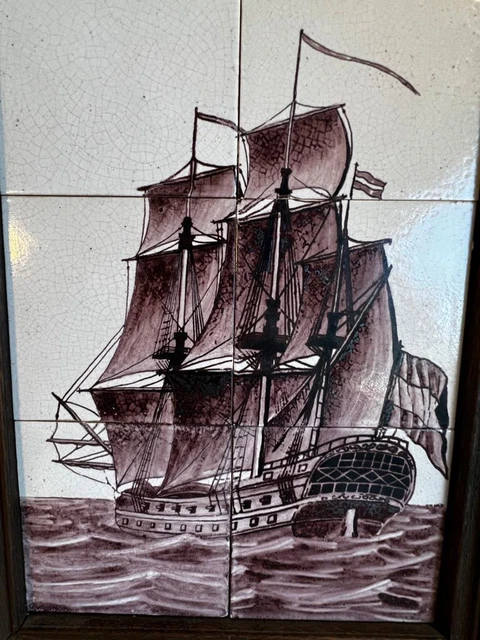 Old Vintage Nautical Art Pottery Tiles Sailing Ship Hand Painted Majolica Faince 2