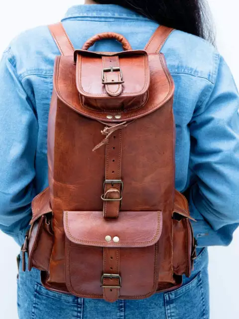 Bolso de Viaje Para Hombre y Mujer Mochila de Cuero Genuino Vintage Mochila...