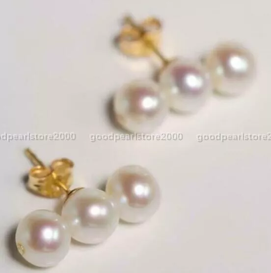Stunning AAA 7-8mm Real Natural White Round Akoya Pearl Earring 14k Gold P Stud