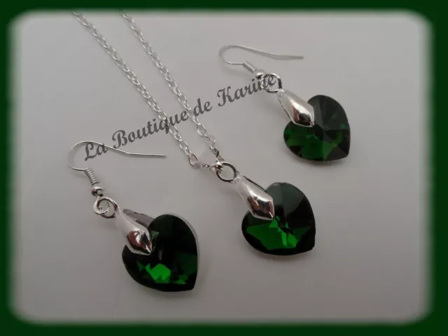 Bijoux - Parure Collier Pendentif + Boucles D'oreilles Verre Coeur Vert