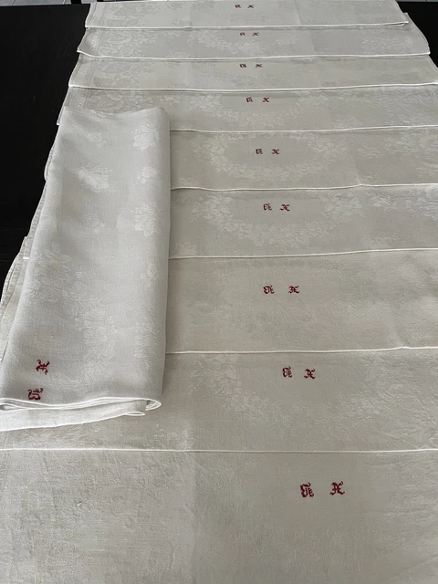 Service Table Ancien, Nappe  Et 9 Serviettes Lin soie Napoleon III Mono XB NSL15 2