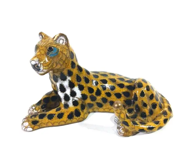 Vintage Cloisonne Enamel Brass Cheetah Leopard Figurine Chinese Mid-century