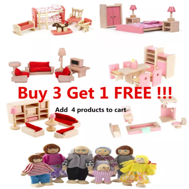 Wooden Dolls House Furniture Bundle Wood Doll Toys Miniature 7 People Family Set