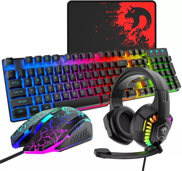 UK Gaming Keyboard Mouse Mouse pad and Gaming Headset Set Wired LED RGB Backlit