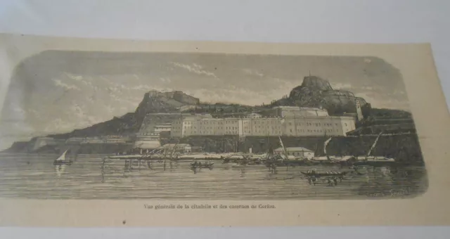 Gravure 1861 Vue générale de la citadelle et des casernes de Corfou