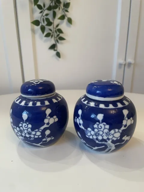 2 Small Ginger Jars Blue & White Chinoiserie Prunus Double Circle Hand Painted