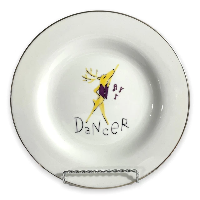Pottery Barn Christmas Holiday Reindeer 8.5" Plate - DANCER - Silver Rim Dessert