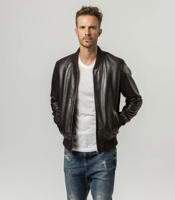 Brown Leather Jacket Men Bomber Pure Lambskin Size XS S M L XL XXL Custom Made
