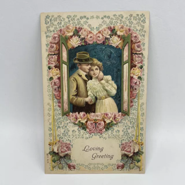 Vtg German Valentines Day Postcard Embossed Romantic Loving Couple Rose Heart