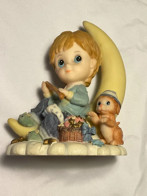 Montefiori Collection Figurine Boy Before Bedtime Moon Puppy Cat 8”