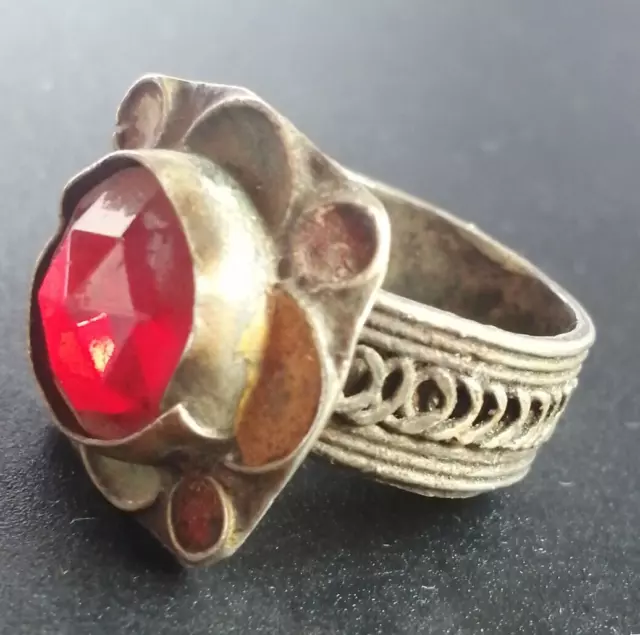 Ancient Medieval Silver Color Ring With Red Stone Amazing Artifact Authentic