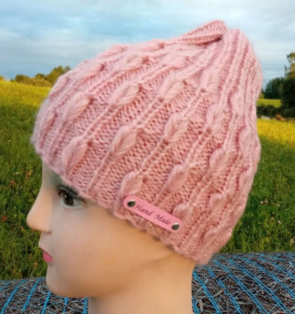 Handgestrickte Damenmütze aus rosa Wollmischung.Original Mütze.Herbst...