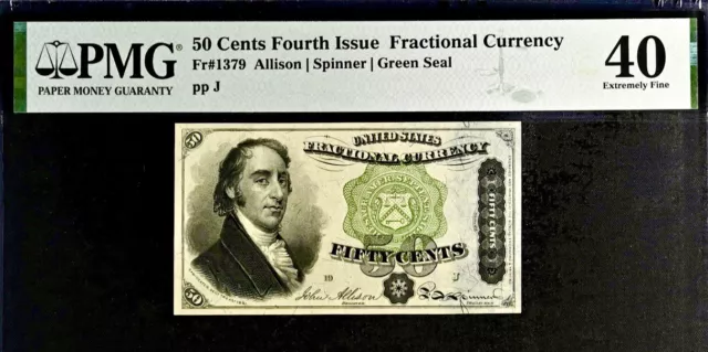 50 Cents Fourth Issue Fractional Currency Fr#1379 PMG 40 Extremely Fine Banknote