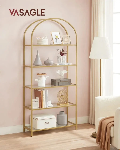 5-TIER ARCHED GLASS Shelf Steel Frame Golden Living Room Bathroom ...