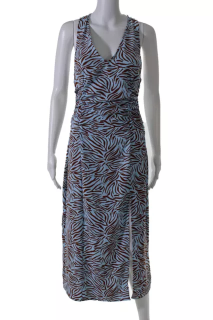 Zara Womens V Neck Ruched Front Slit Maxi Dress Blue Brown Size Extra Small