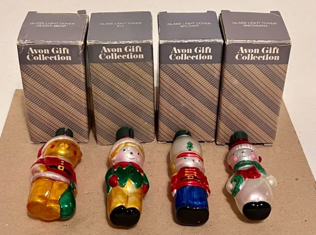 4 Vtg Avon Gift Collection Glass Light Covers ELF, SOLDIER, SNOWMAN &TEDDY BEAR