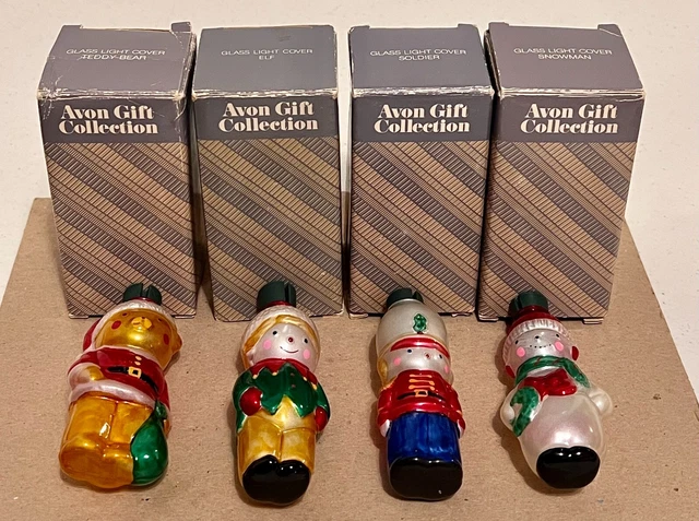 4 Vtg Avon Gift Collection Glass Light Covers ELF, SOLDIER, SNOWMAN &TEDDY BEAR