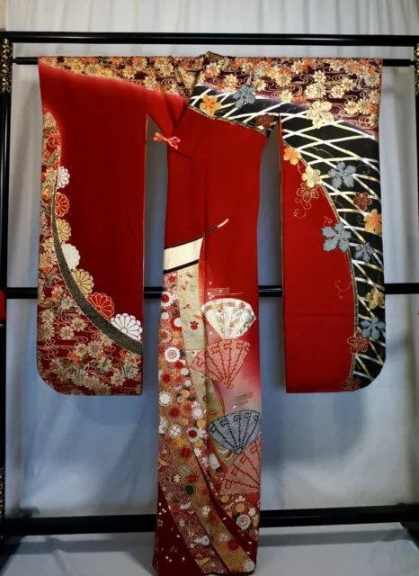 Japanese kimono SILK"FURISODE" long sleeves,KIKU 菊,Gold/Silver leaves,5' 4".3333