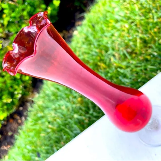 Original Vintage Deep Ruby Red Fine Art Ruffled Glass Bud Vase Artist Antique
