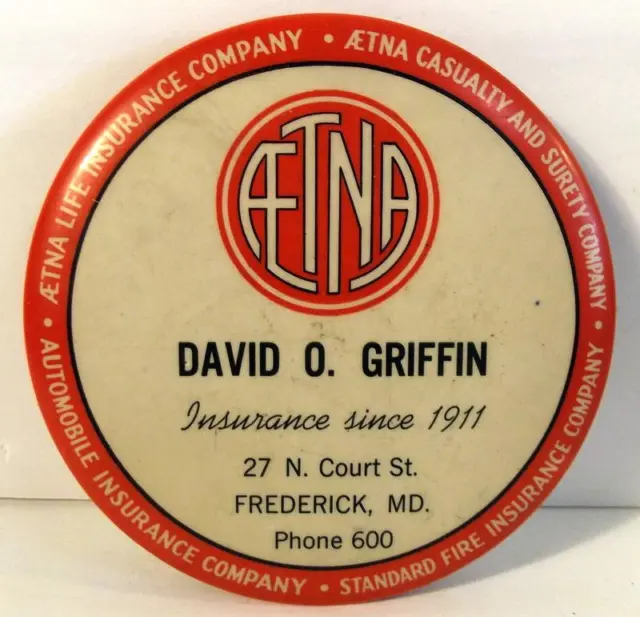 Vtg AETNA INS David O. Griffin Frederick MD Advertising Celluloid Pocket Mirror