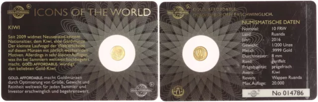 Ruanda 10 Amafaranga 2016 Kiwi 1/200 Unze Gold - Stgl. in Coincard - GOLD