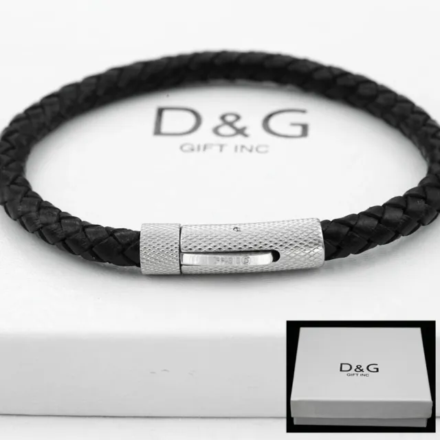 DG Men's Stainless Steel 8" Black Braided Leather Bracelet*Unisex--BOX