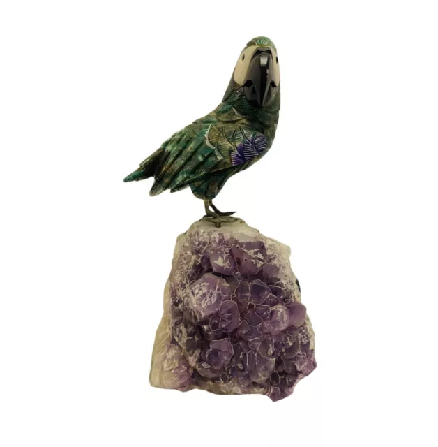 VINTAGE 8.5” TALL Hand Carved Gemstone Bird on Amethyst Geode Base Rare ...