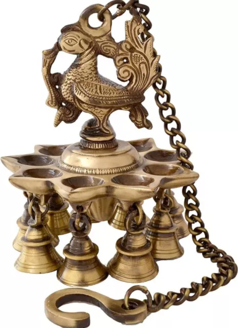 Lovely Brass Ornate Hanging Peacock Diya with Bells Exclusive Gift Home Decor