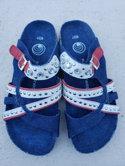Euro Wellness Balance Sandals Size 6/37 Red White & Blue Denim Slides