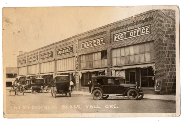 RPPC Postal Vale , Oregon Negocios Bloque 1920-30s Raro Pequeño Ciudad Calle