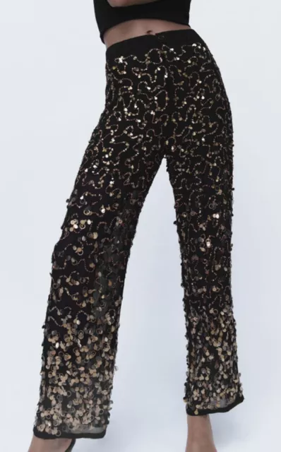 Zara New Golden Sequin Wide Leg Trousers Size Small Ref 2124 102