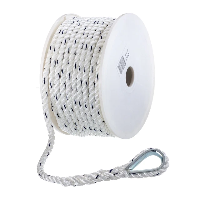 Boat Anchor Line Rope, 3-Strand Twisted, Nylon, White/Blue, 3/8 In. X 100 Ft.