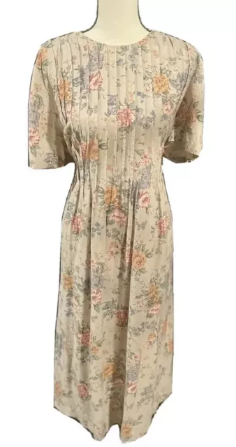 Vtg Lady Dorby Womens Linen Prairie Cottage Dress Sz 14W Floral Cottage-Core