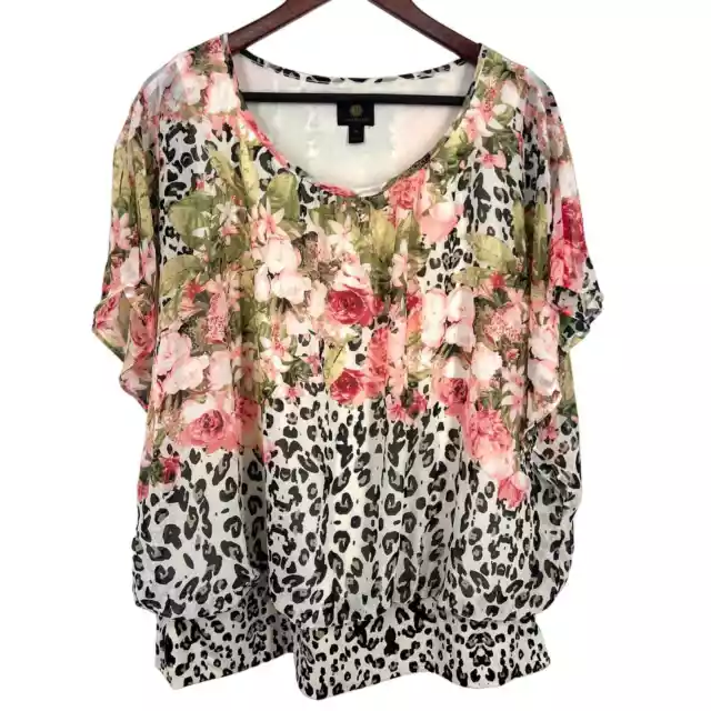 JM Collection Womens Plus Size XXL Pink Floral Leopard Blouse Shirt Top Stretchy