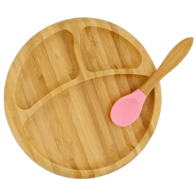 Acorn Baby Bamboo Toddler Plates with Spoon in Pink - Baby Plates with Suction