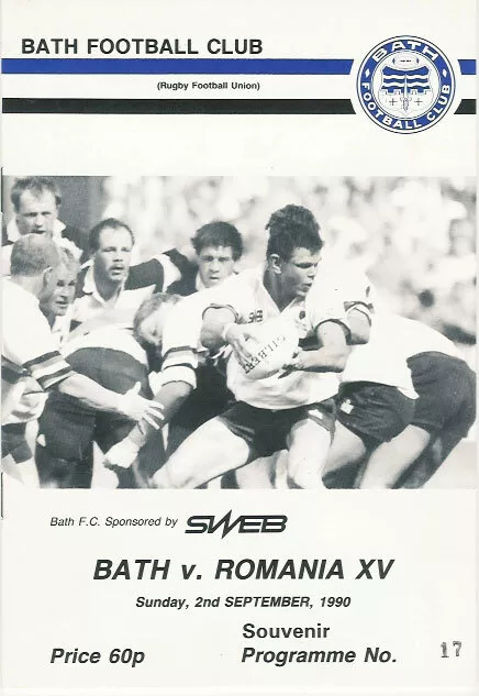 Bath v Romania 2 Sep 1990 Bath RUGBY PROGRAMME