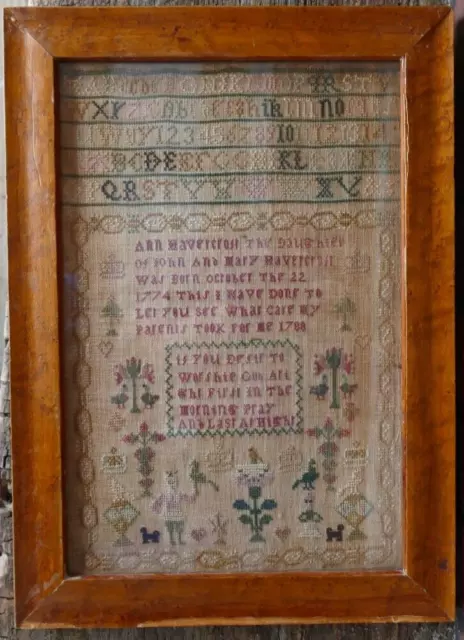 antique primitive 18th c needlework sampler Ann Havercroft dated 1788 11 by 15 "